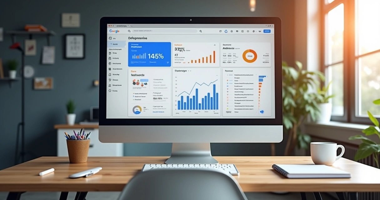 Computador com tela exibindo painel de campanhas Google Ads e gráficos de desempenho com dados e segmentação precisa 