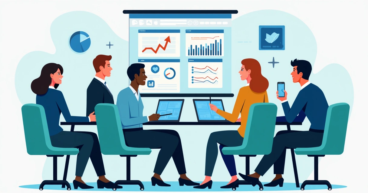 Equipe de comunicação analisando gráficos e redes sociais ao redor de uma mesa 