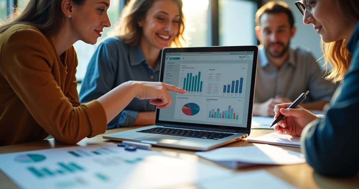 Colaboradores planejando uma campanha digital, com gráficos e números visíveis na tela do notebook 