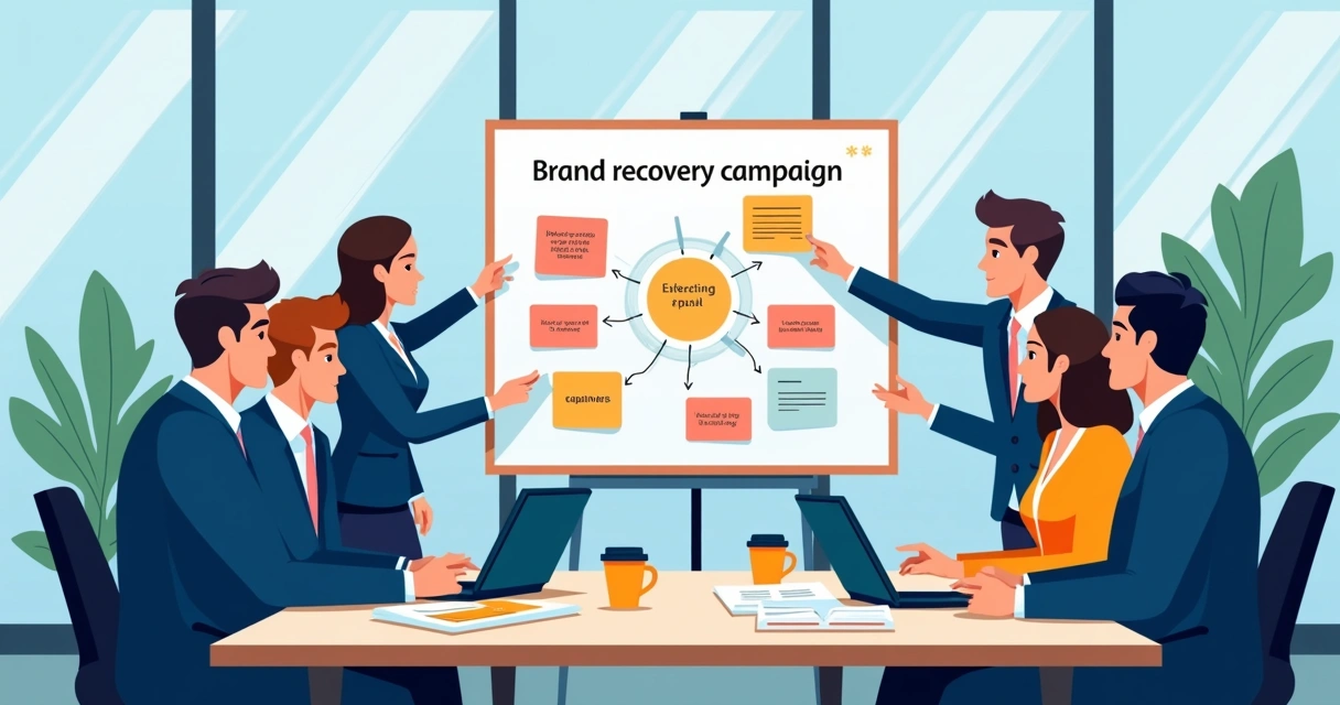 Reunião de equipe desenvolvendo estratégia de recuperação de imagem de marca 
