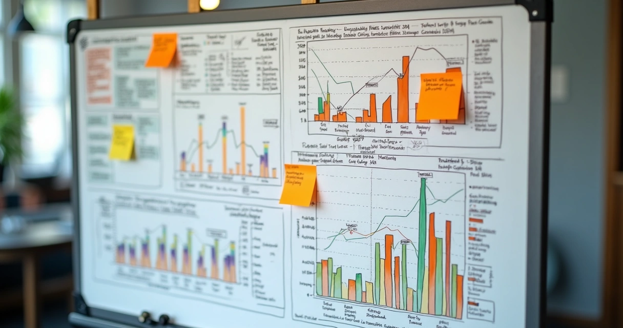 Quadro branco com fluxogramas e gráficos sobre tráfego pago digital 