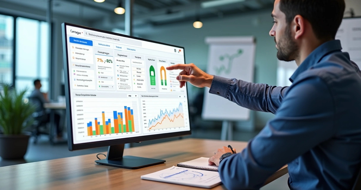 Dashboard com profissional analisando estrutura de campanhas Google Ads B2B no escritório 