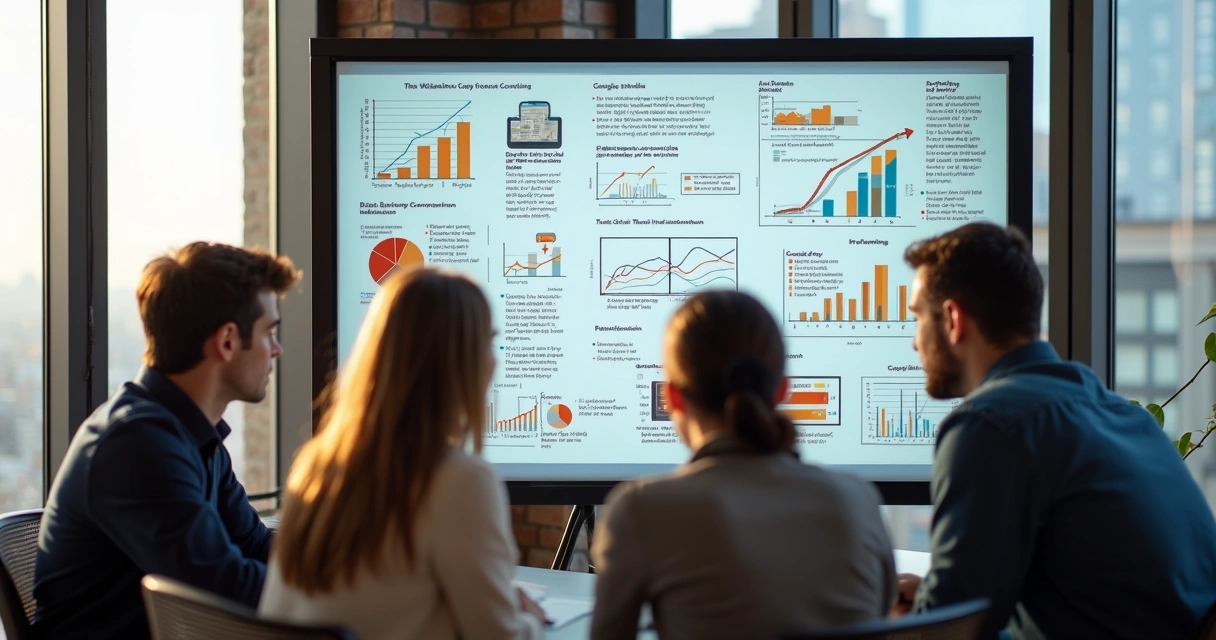 Equipe reunida diante de lousa com gráficos e estratégias de campanha