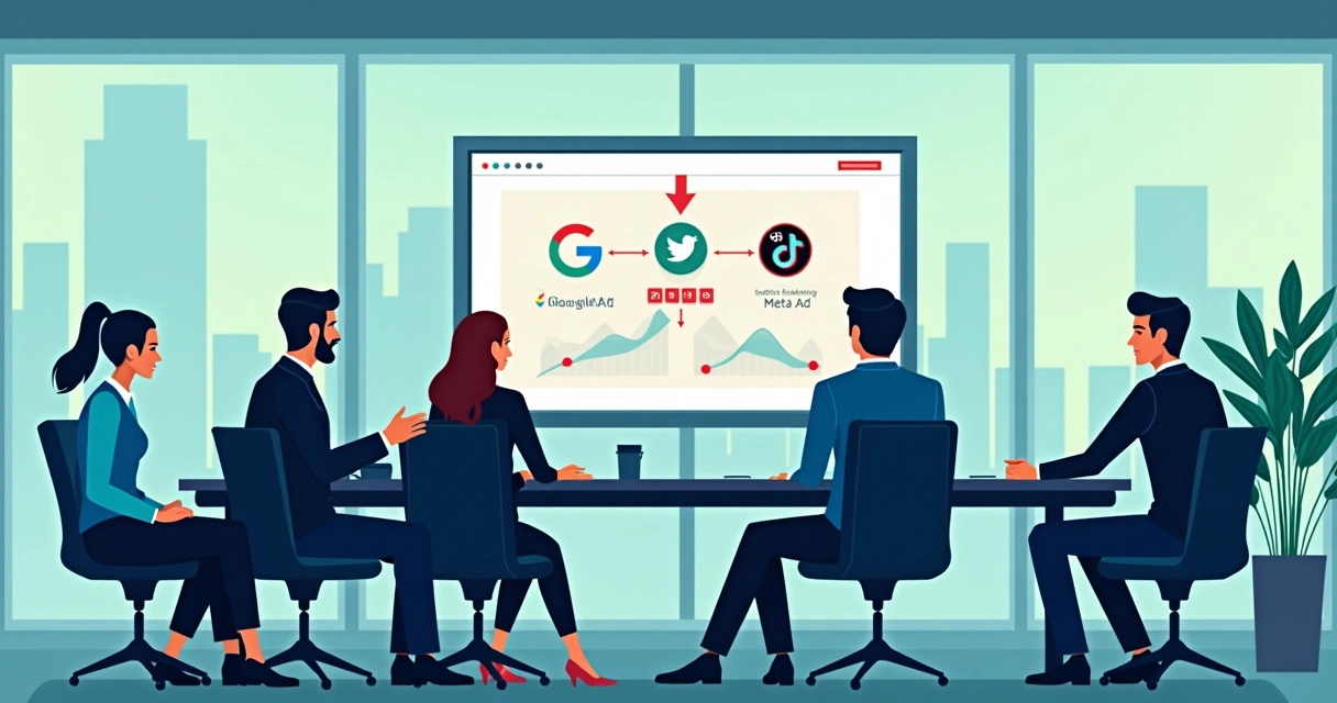 Equipe definindo canais de vendas em sala de reunião 