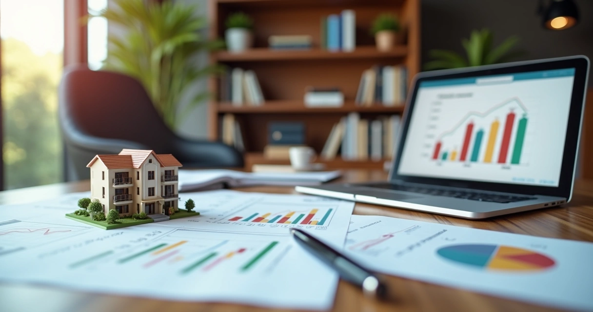 Mesa com papéis de contratos e gráficos financeiros de um projeto imobiliário