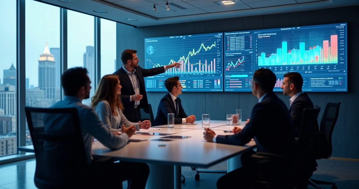Equipe reunida analisando estratégia comercial com dados preditivos 