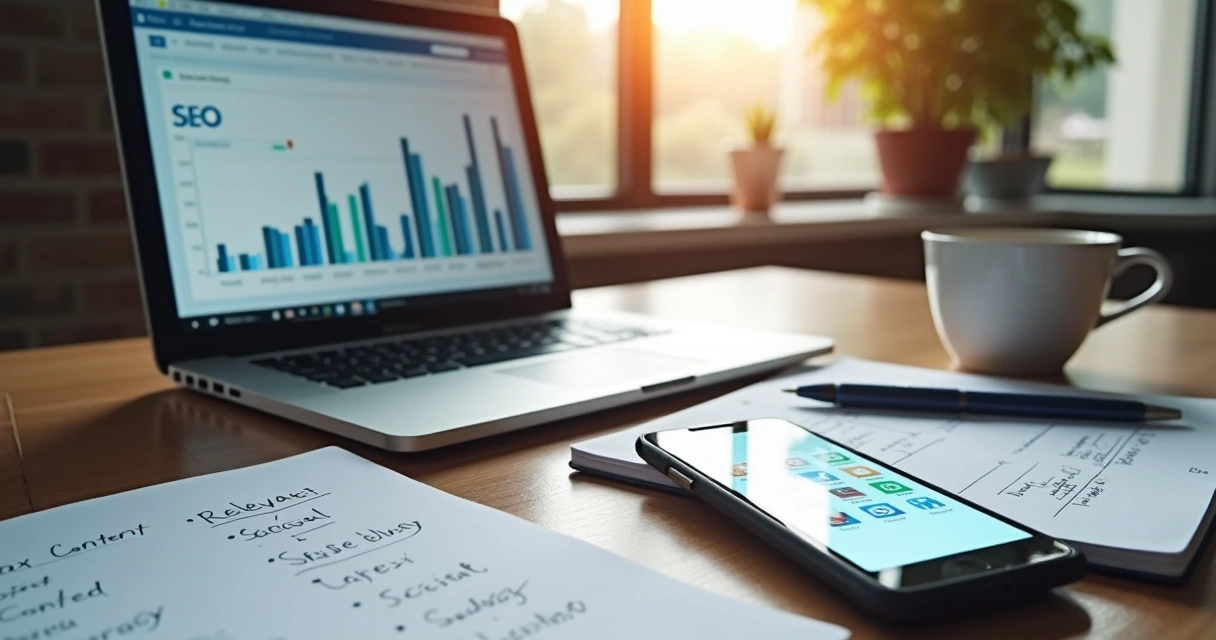 Mesa de trabalho com notebook, celular e anotações sobre estratégia de conteúdo digital e marketing 