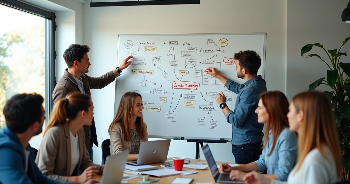 Equipe reunida criando planejamento de conteúdo digital em uma lousa 