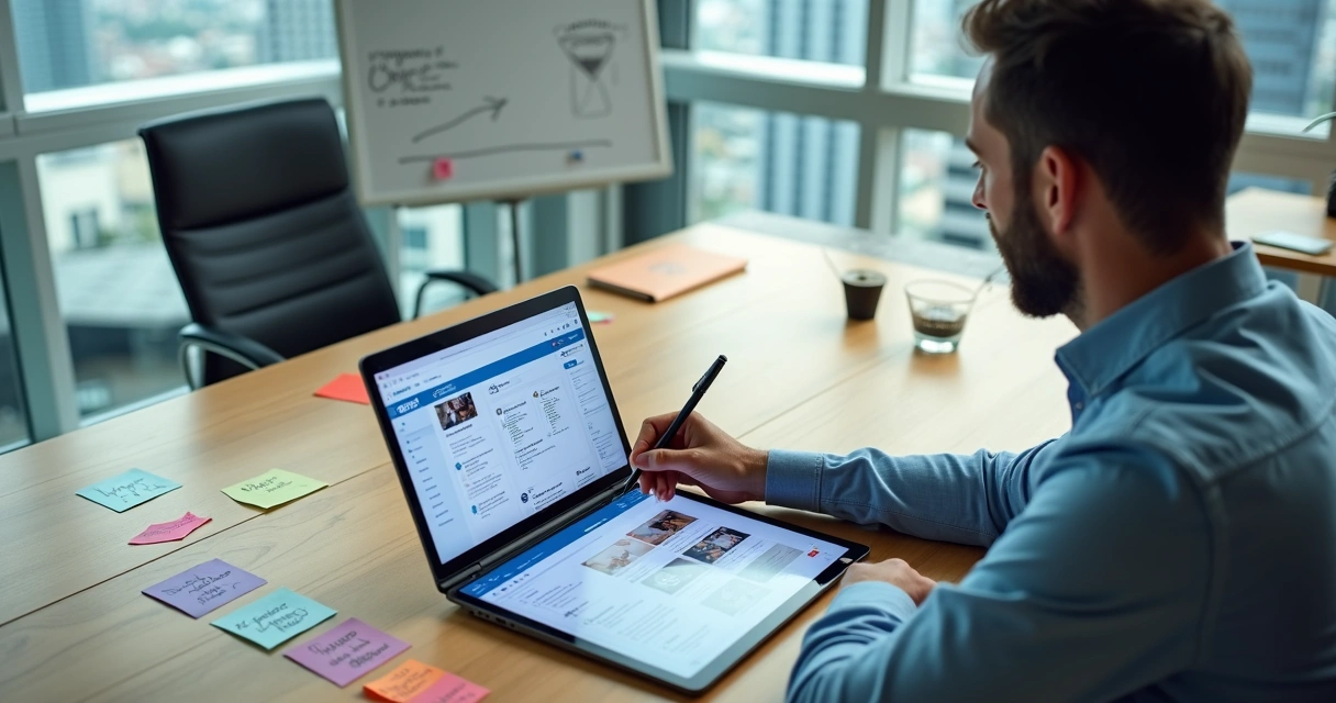 Gestor definindo estrategia de conteudo B2B para LinkedIn em mesa com tablet e quadros de postagem 