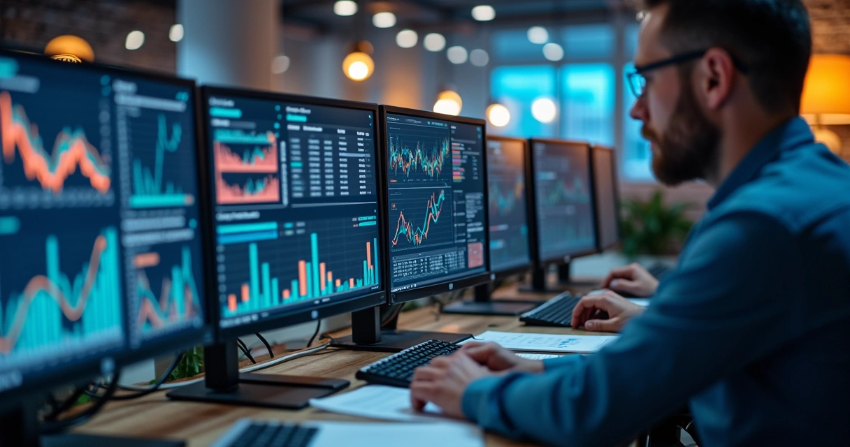 Telas de computador mostrando gráficos de marketing digital 