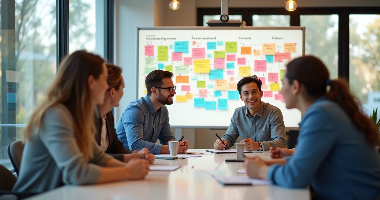 Equipe reunida em reunião mirando quadro branco de estratégia de conteúdo.