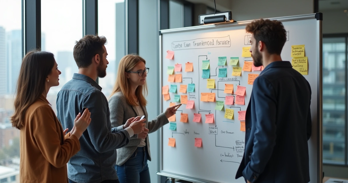 Time de startup planejando estratégia de conteúdo em quadro branco 