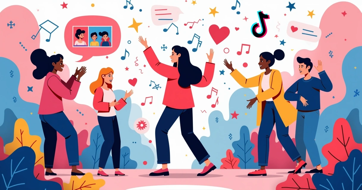 Ilustração de criadores no TikTok engajando com público através de tutoriais, desafios e histórias