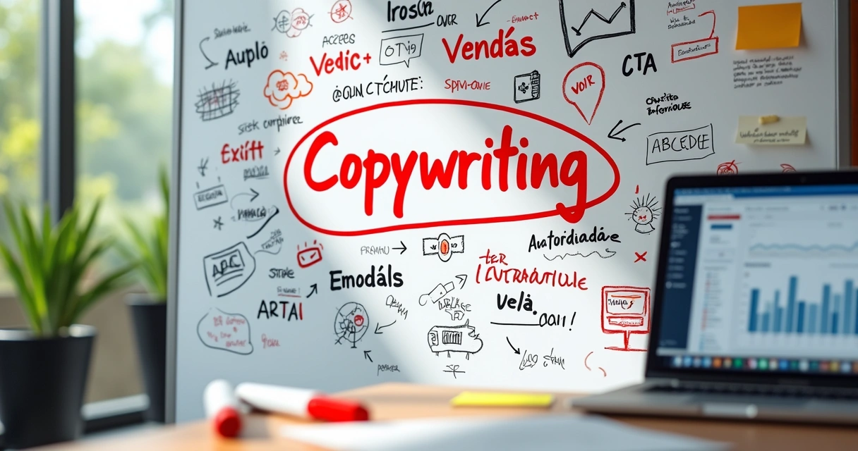 Estratégia de copywriting representada em quadro branco com textos e setas 