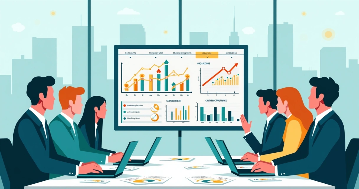 Equipe de liderança analisando painel estratégico com metas e execução alinhadas 