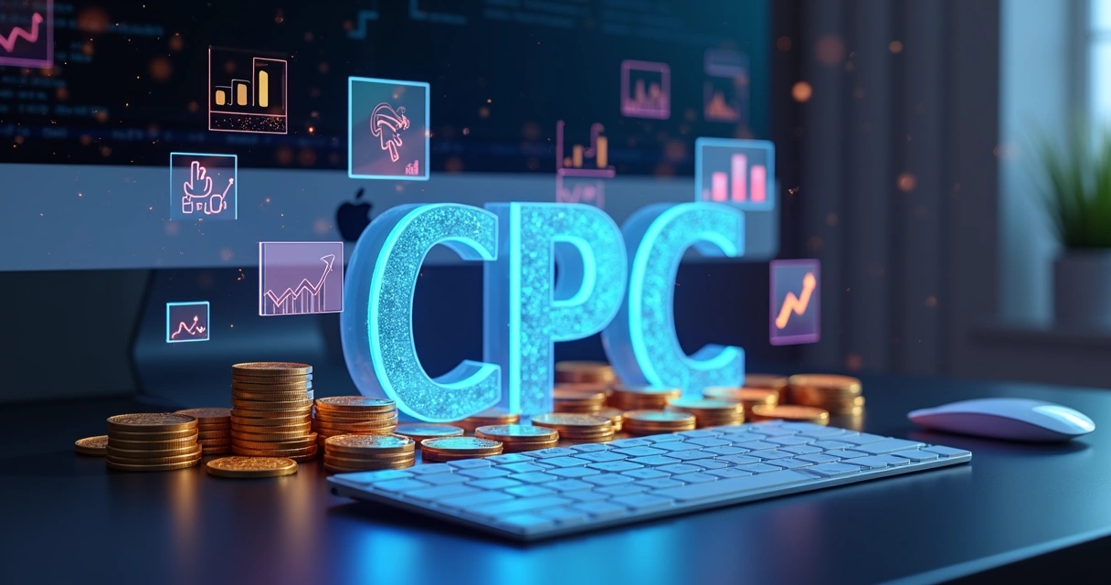 Conceito visual de CPC com moedas, ícones de clique e gráfico de campanha digital 