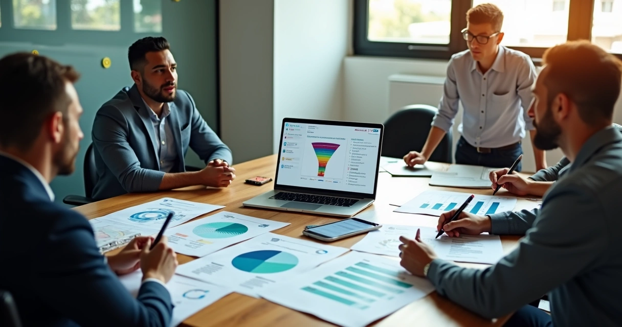 Equipe de vendas analisando dados de CRM em mesa cheia de relatórios e telas de funil 