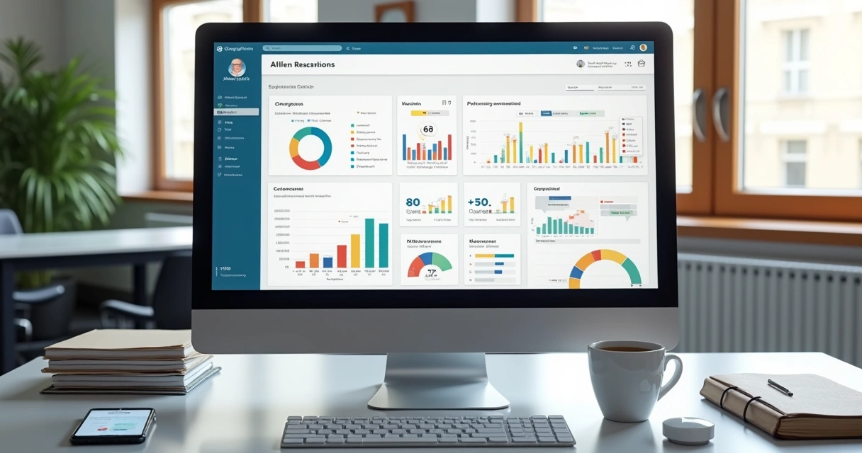 Tela de computador com dashboard de CRM mostrando funil de vendas e leads organizados 