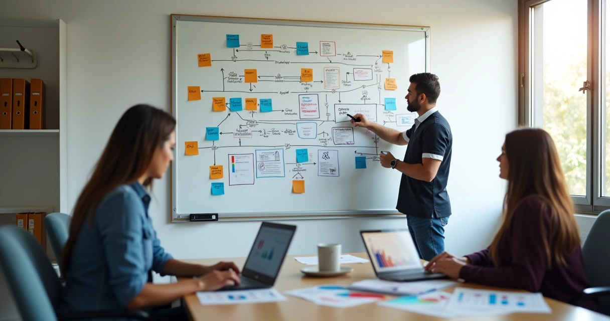 Quadro branco com fluxos de produtos sendo combinados em estrategia de cross-sell 