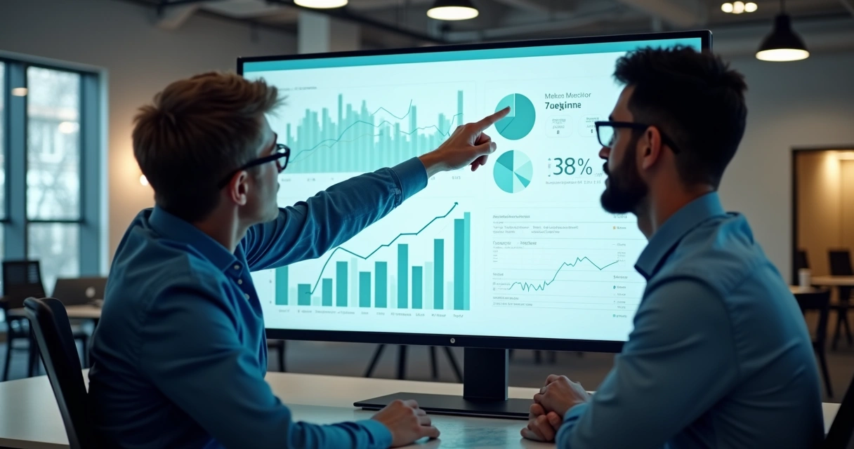 Profissionais de vendas analisando gráficos de dados na tela do computador, em ambiente corporativo amplo e moderno 