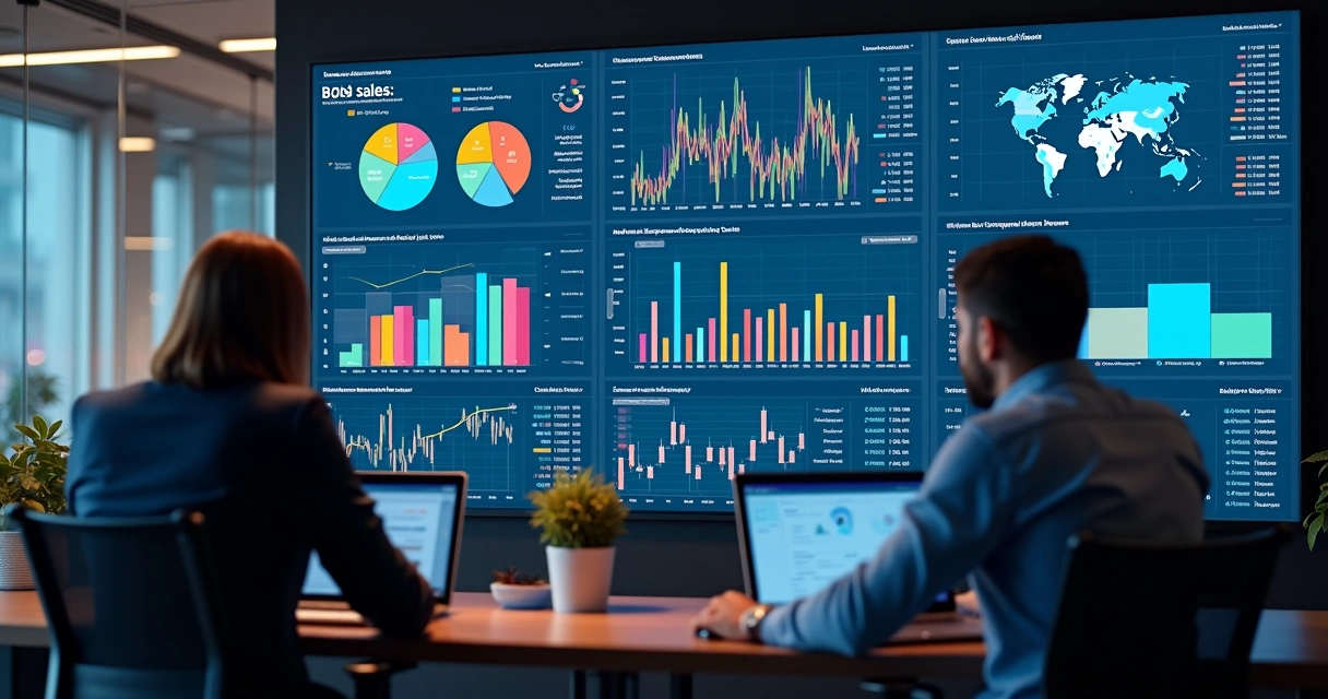 Painel digital com métricas de vendas B2B mostradas em gráficos coloridos 