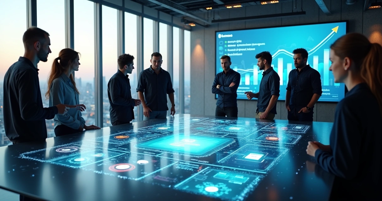 Equipe de tecnologia e comunidade conectadas por estratégia devrel em ambiente corporativo moderno 