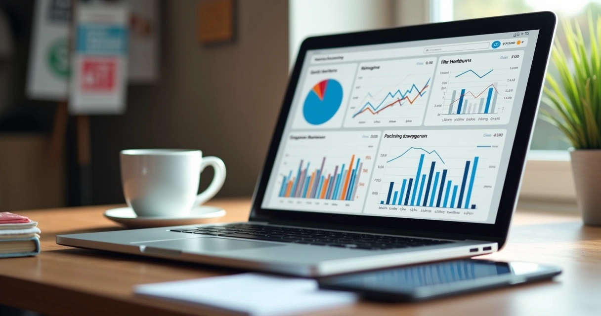 Gráfico digital de métricas de marketing, computador e smartphone 