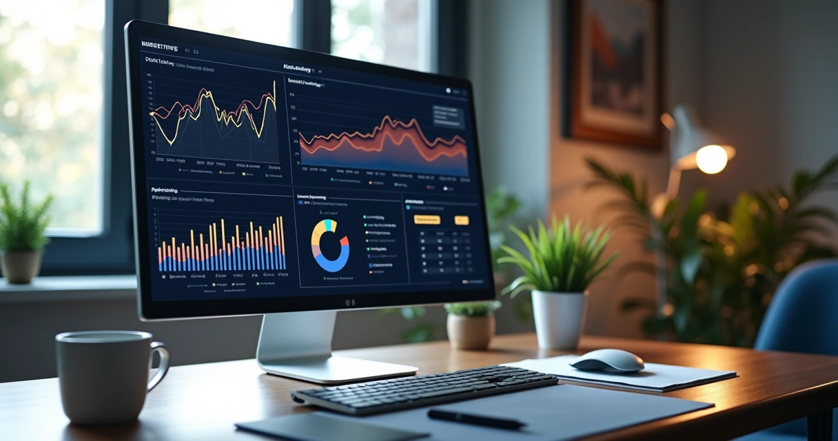 Monitor de computador mostrando gráficos de marketing digital 