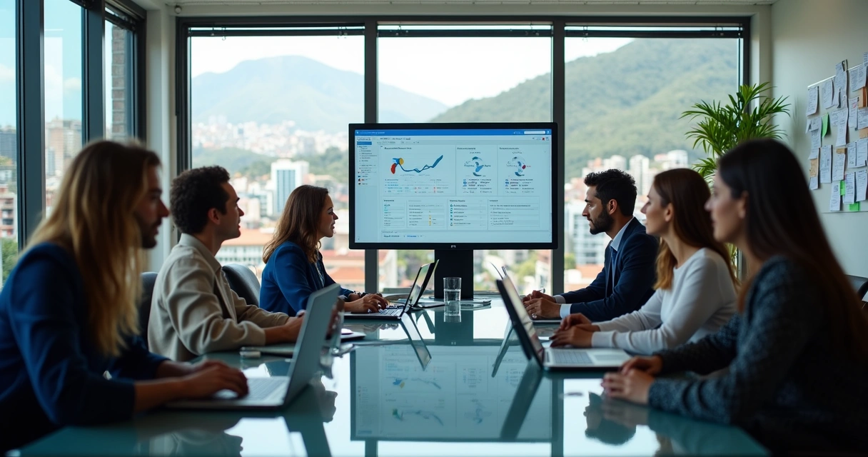 Profissionais trabalhando em computadores analisando gráficos digitais 