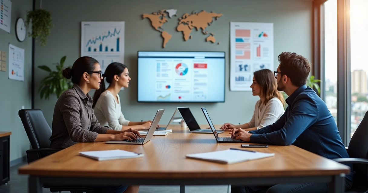 Equipe discutindo estratégias de marketing digital em escritório 