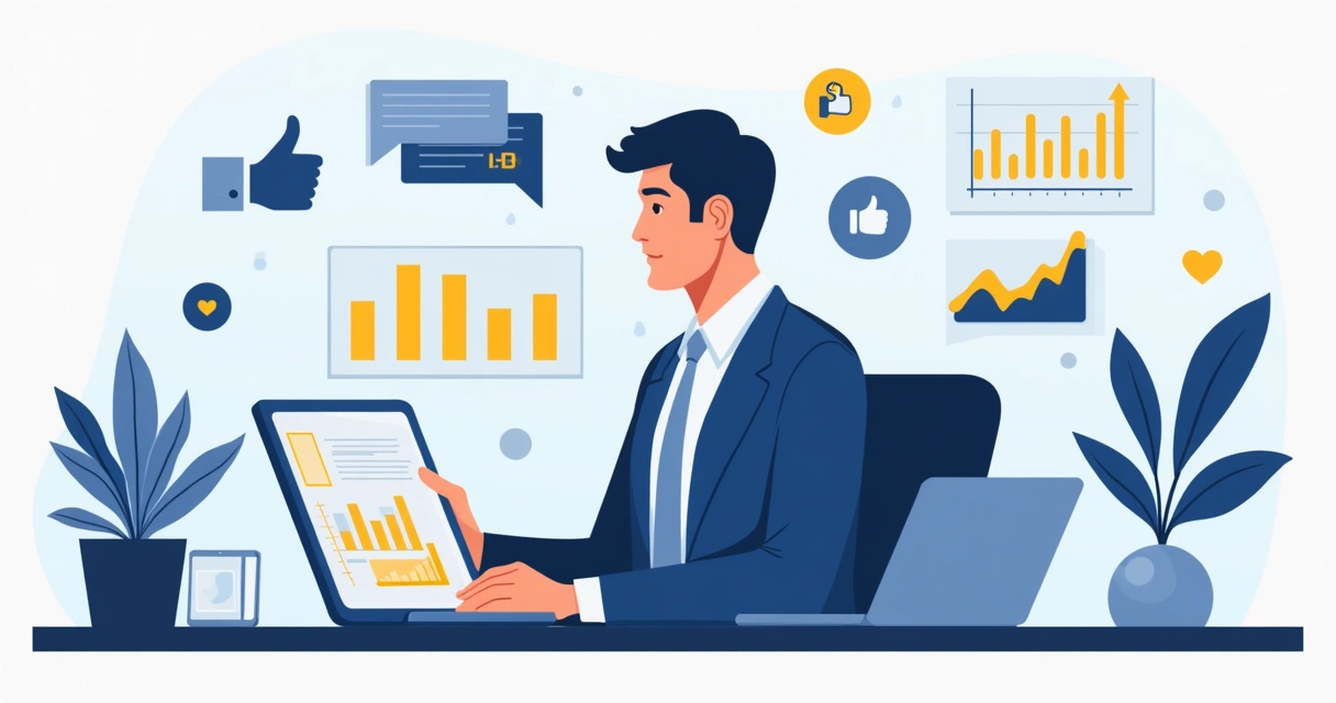 Político em mesa de trabalho, analisando gráficos sociais digitais 