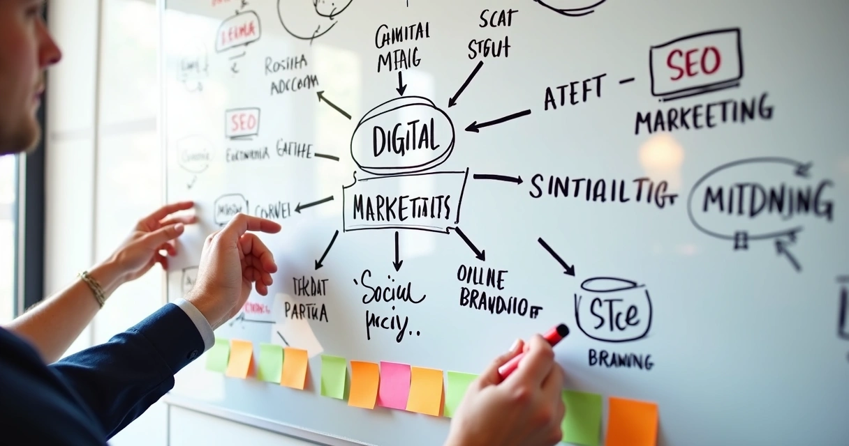 Quadro branco com gráficos de estratégia digital desenhados 