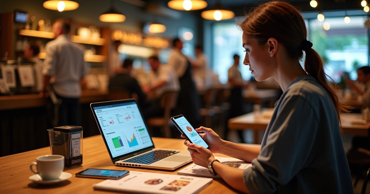 Dona de restaurante analisando estratégia digital com celular e notebook na mesa 