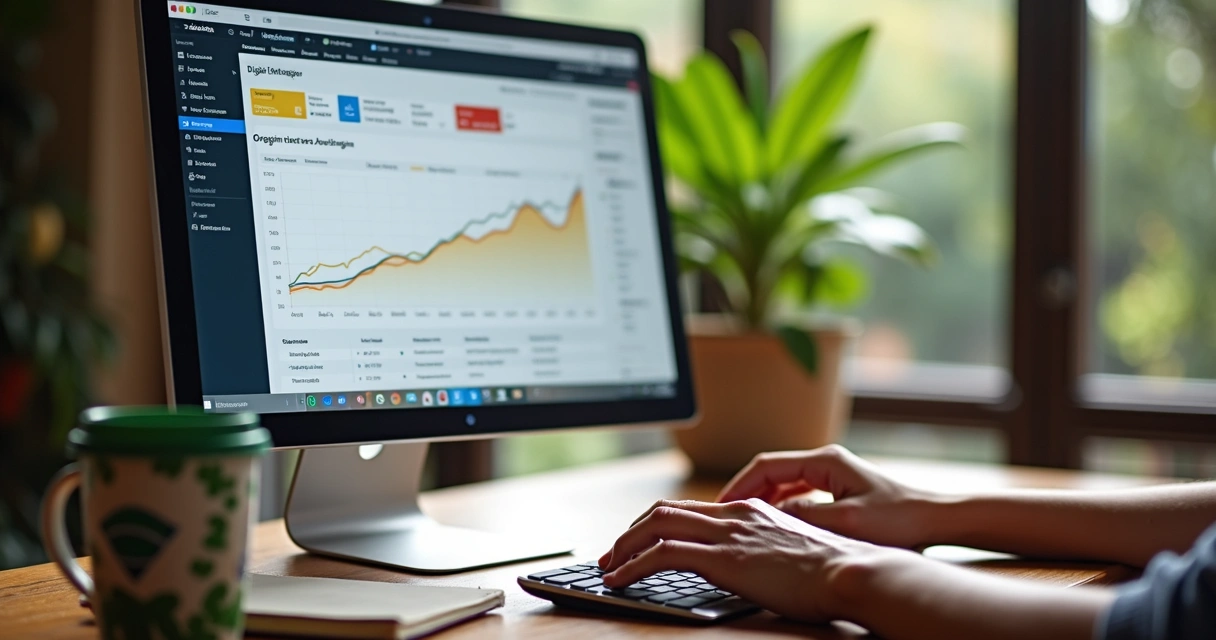 Painel de estratégia digital com gráficos e blog na tela 