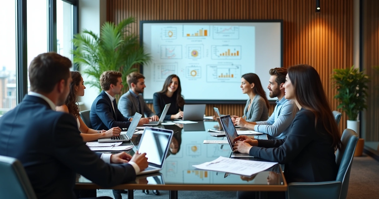 Equipe reunida discutindo estratégias digitais em sala de reuniões moderna