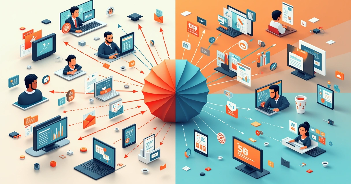 Comparação entre ações de marketing tradicional e digital em um quadro. 