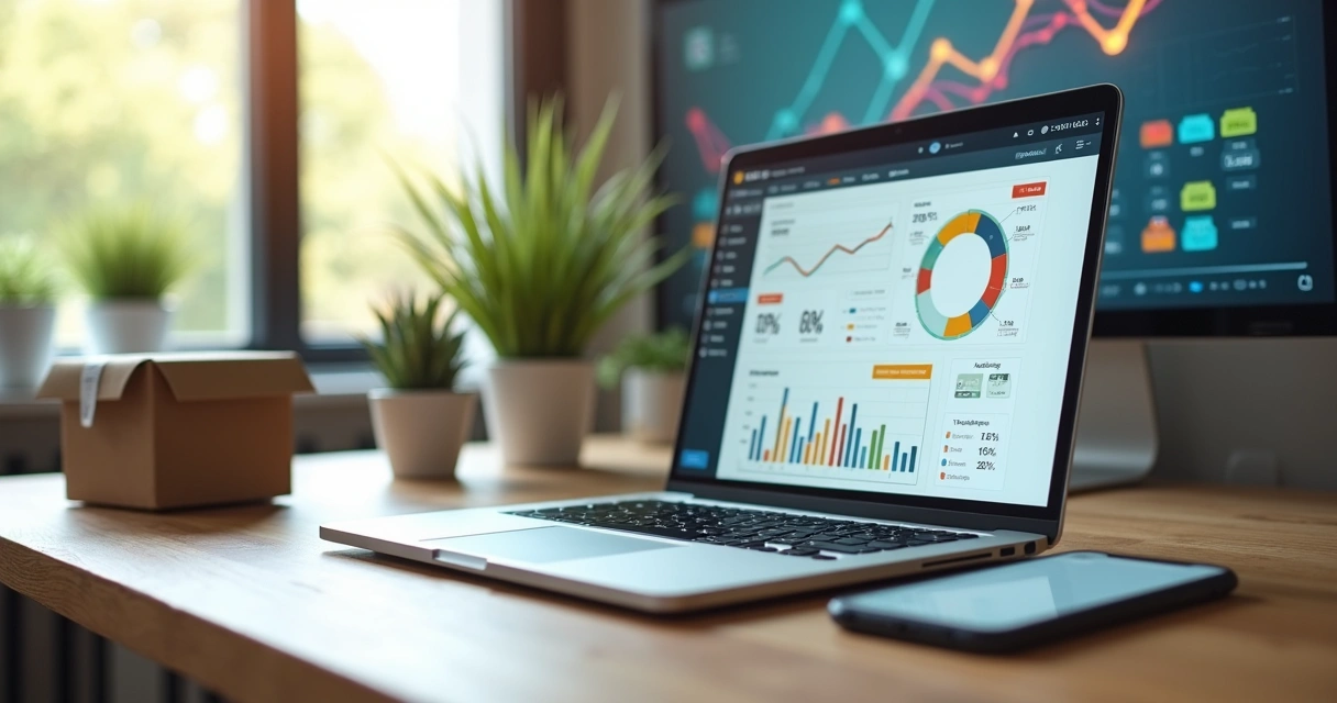Tela de notebook com painel de e-commerce e gráficos de crescimento ao fundo 