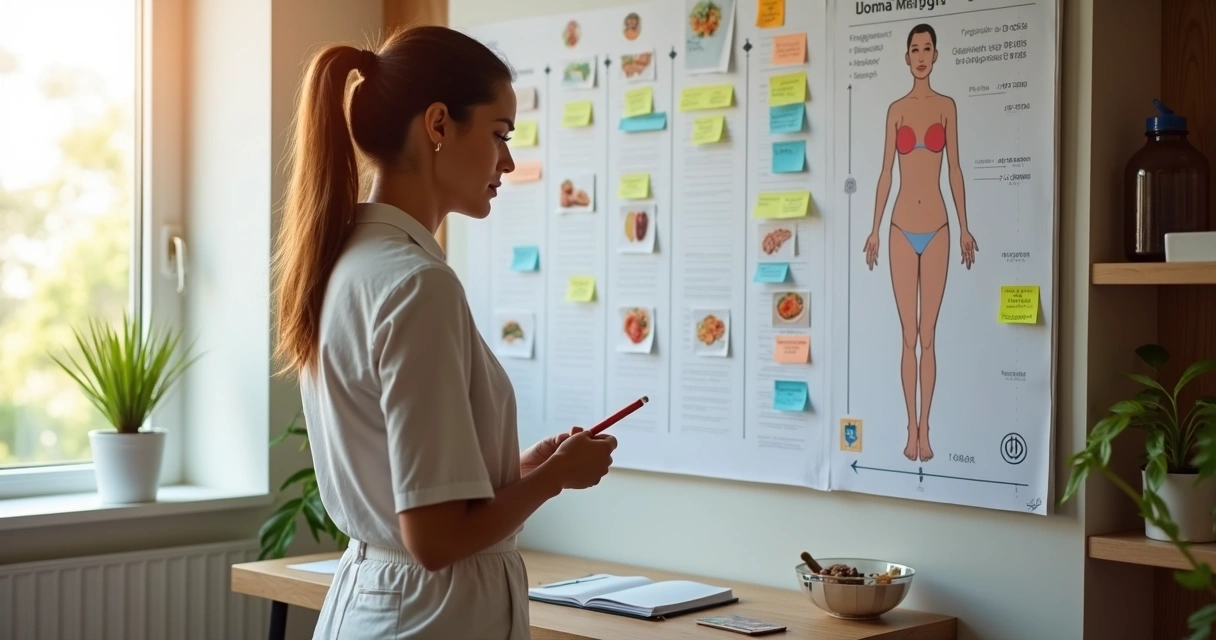 Mulher analisando mural com mapa estratégico de emagrecimento e opções de alimentação saudável 