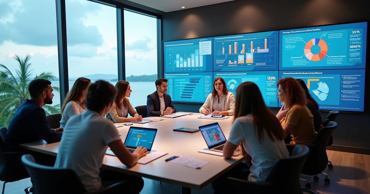 Equipe de marketing reunida em sala de reunião em Porto Seguro 