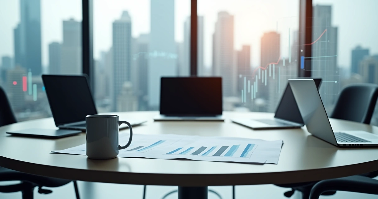 Mesa de reunião com gráficos de crescimento de campanhas bancárias 