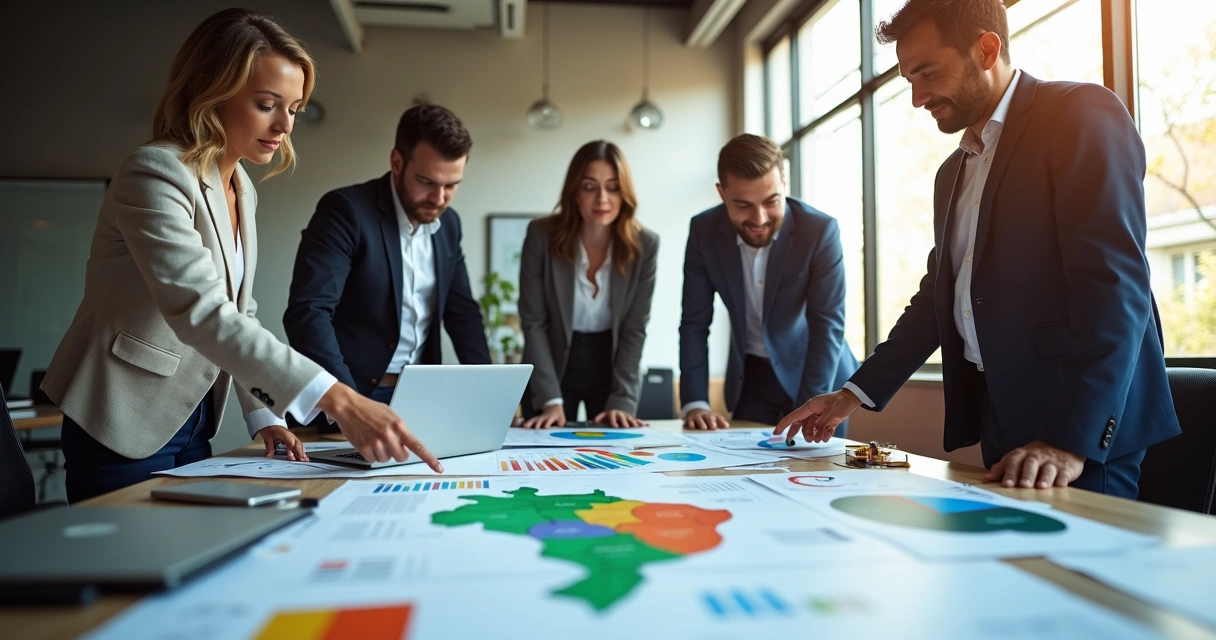 Equipe reunida ao redor de uma mesa planejando expansão de mercado em ambiente corporativo. 