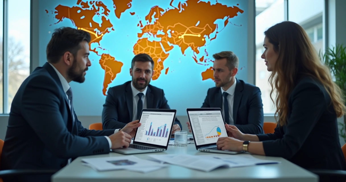 Equipe de contadores discutindo planejamento fiscal internacional em sala de reunião