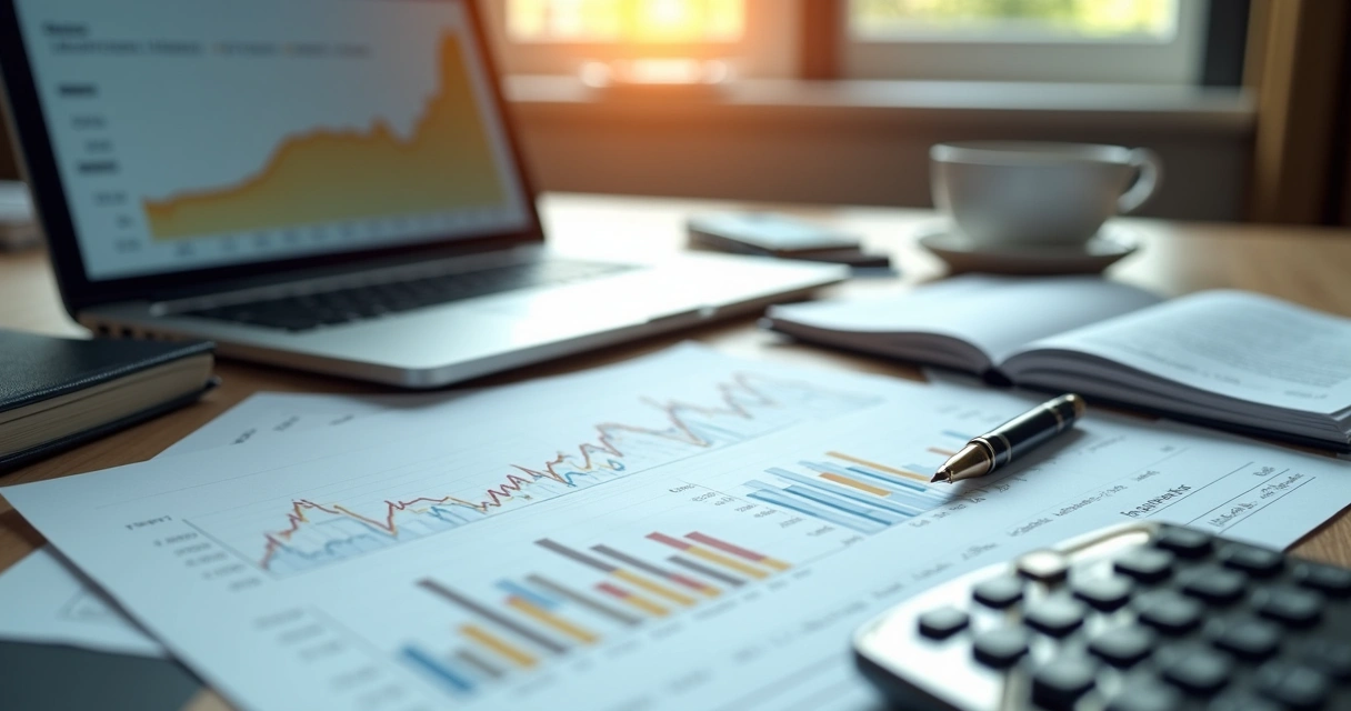 Mesa de escritório com documentos legais sobre precatórios, calculadora, laptop aberto mostrando gráficos financeiros e caneta elegante à direita 