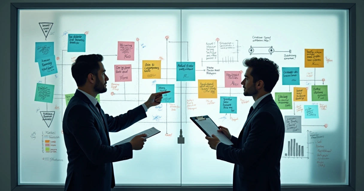 Mural com cronograma visual de follow-up e ícones de crescimento financeiro 