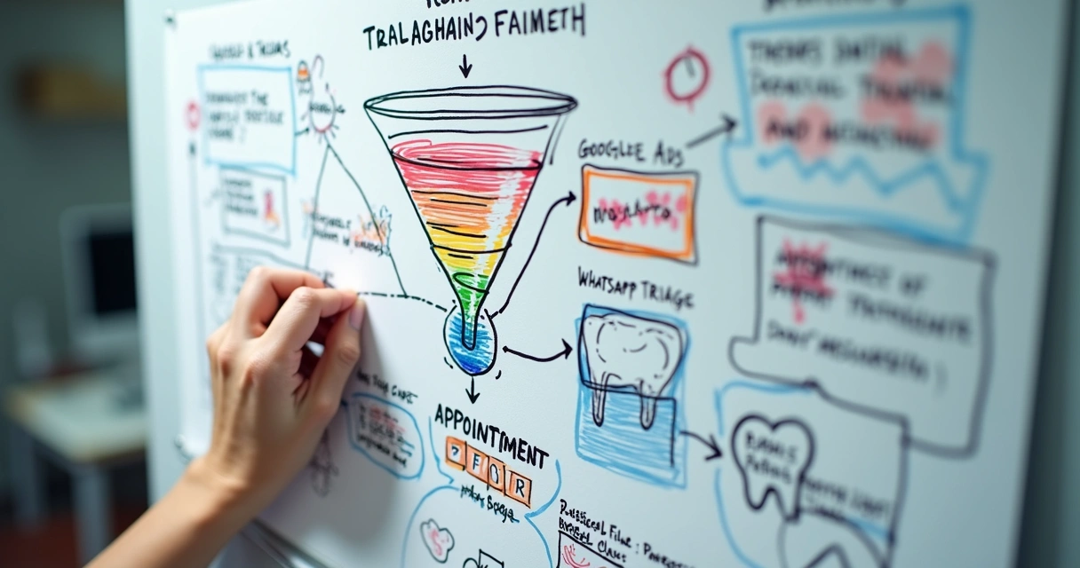 Quadro branco com desenho detalhado de funil de marketing para clínica odontológica 