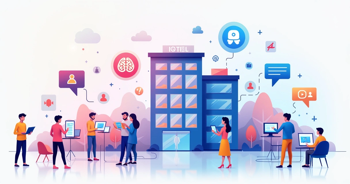 Ilustração colorida representando a estratégia digital GEO aplicada a hotéis, com hotel ao centro rodeado por ícones de inteligência artificial, computadores e hóspedes interagindo digitalmente. 