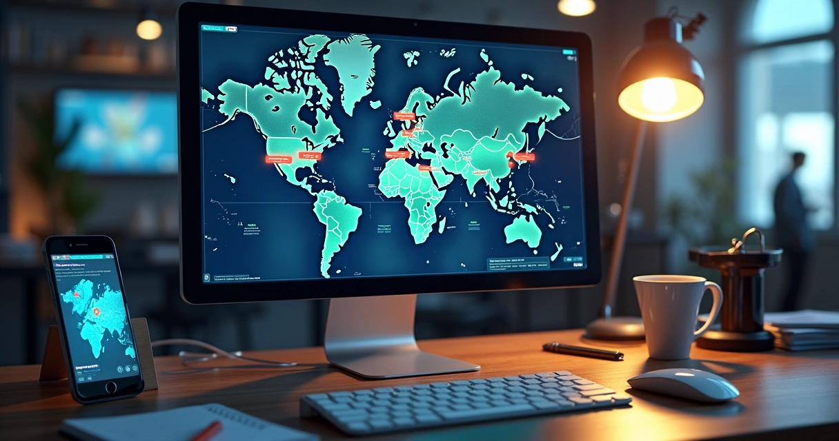 Tela de computador com mapa digital e áreas destacadas mostrando segmentação geográfica para anúncios digitais em oficina mecânica 