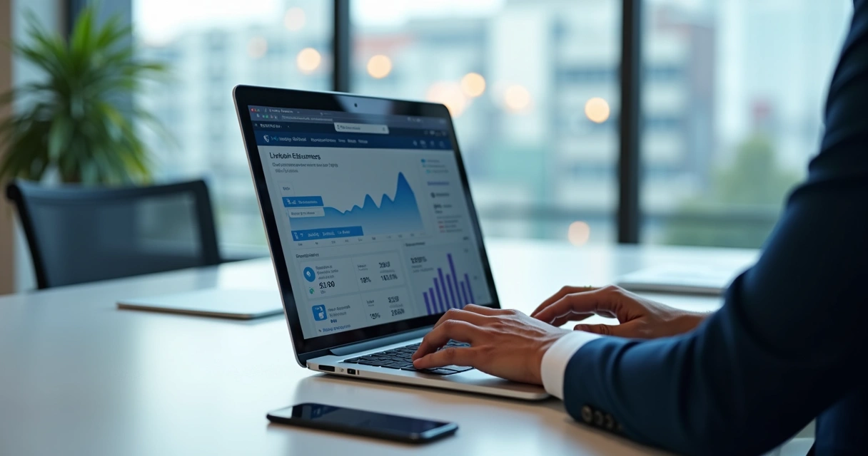 Profissional em ambiente moderno analisando gráficos de vendas e redes sociais num laptop, com representações visuais de conexões e dados do LinkedIn ao fundo 