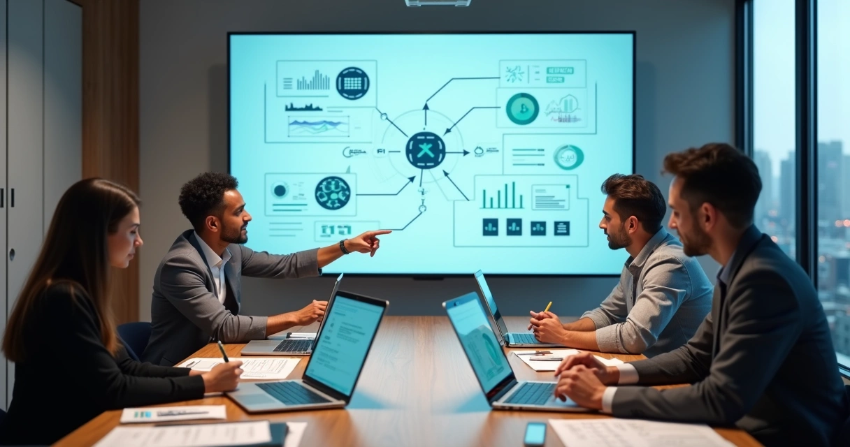 Equipe de negócios analisando painel com estratégia de go to market B2B 