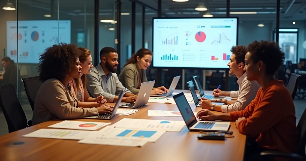 Equipe de marketing e vendas discutindo estratégia com gráficos na mesa
